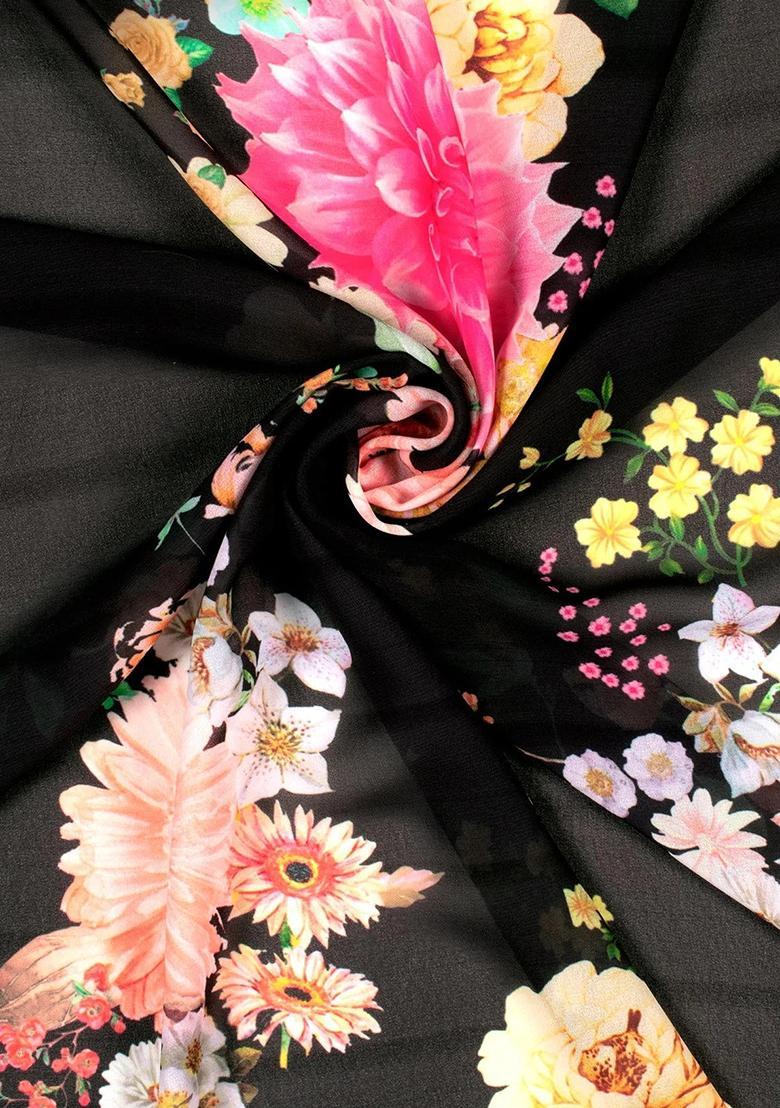 Black Printed Georgette Pre Draped Saree Set - Indya
