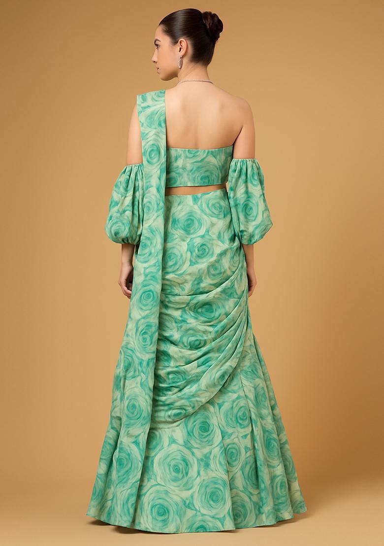 Sea Green Printed Chinon Chiffon Pre Draped Saree Set - Indya