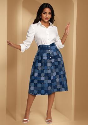 Blue Patchwork Cotton Denim Skirt