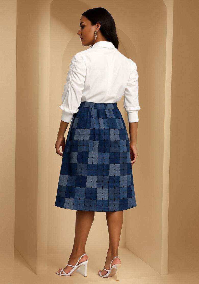 Blue Patchwork Cotton Denim Skirt - Indya