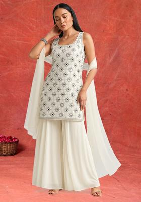 White Embellished Georgette Sharara Set