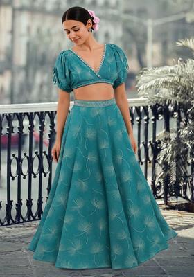 Blue Printed Silk Blend Lehenga Set