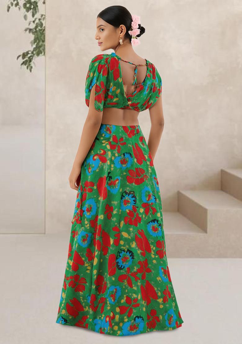 Green Printed Chinon Lehenga Set - Indya