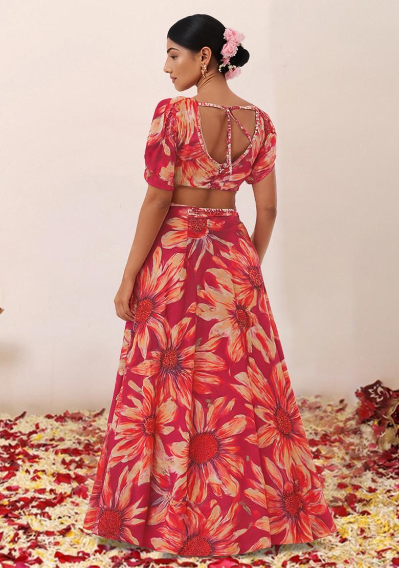Pink Printed Satin Lehenga Set - Indya
