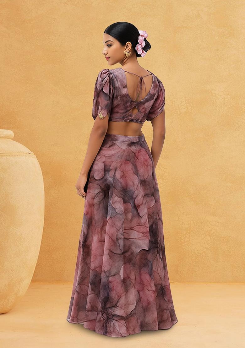 Pink Printed Georgette Lehenga Set - Indya