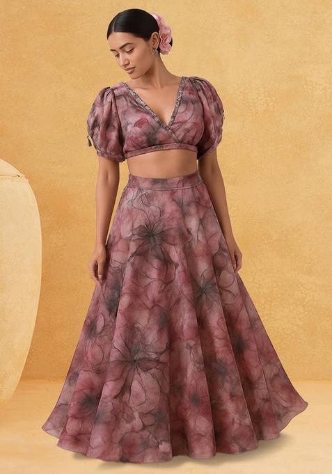 Pink Printed Georgette Lehenga Set