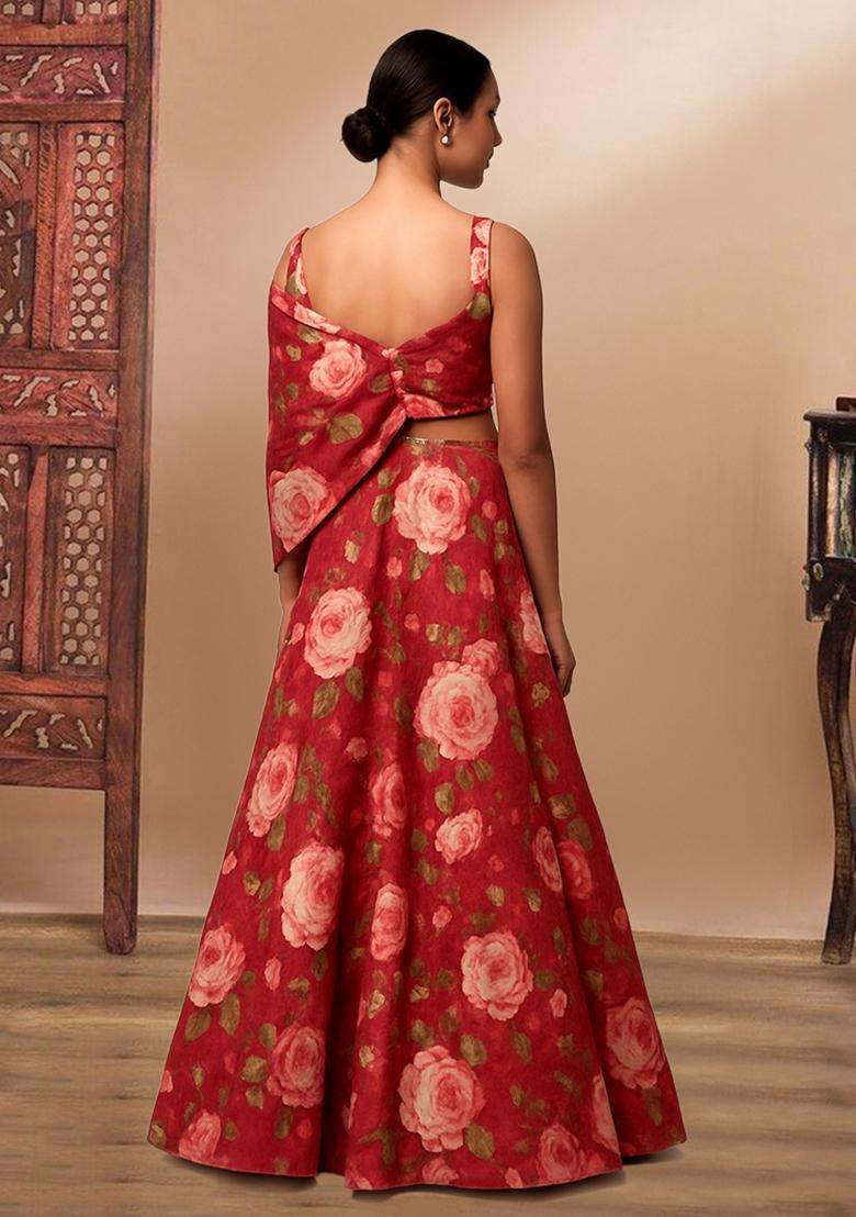 Red Printed Satin Lehenga Set - Indya