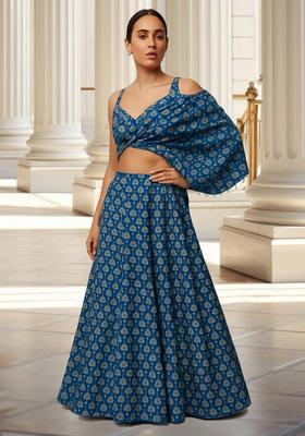 Blue Printed Silk Blend Lehenga Set