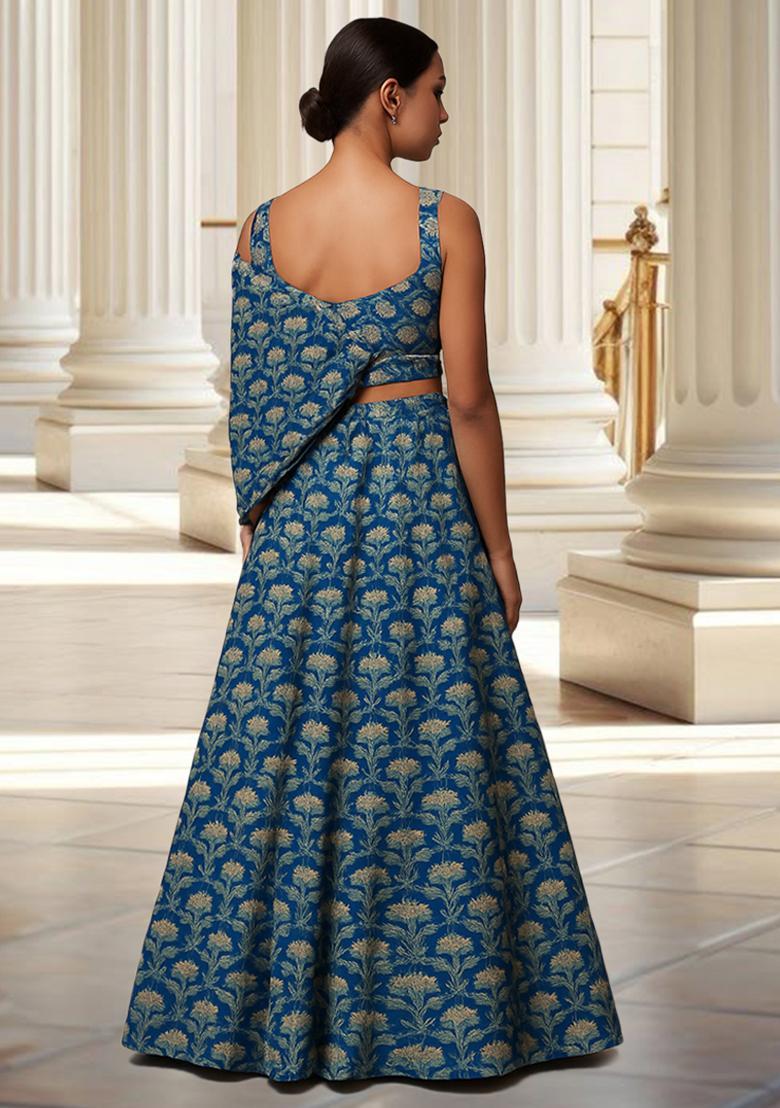 Blue Printed Silk Blend Lehenga Set - Indya