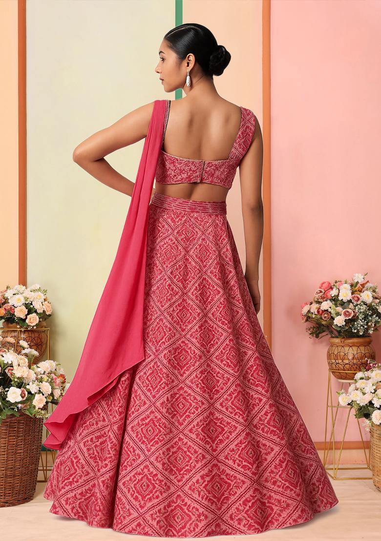 Pink Printed Georgette Lehenga Set - Indya