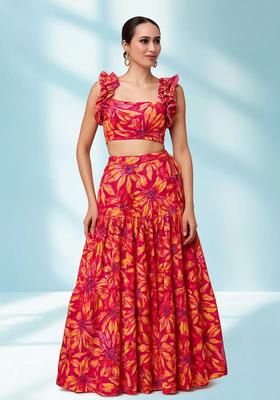 Red Printed Satin Crop Top Skirt Set