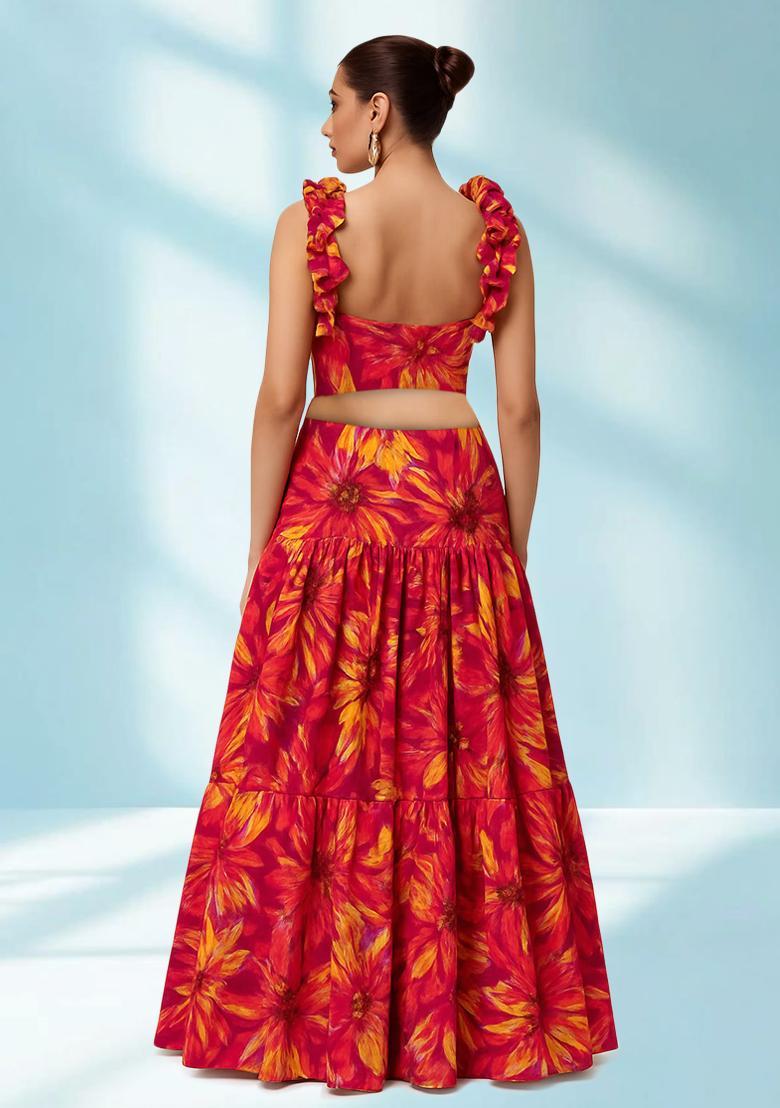 Red Printed Satin Crop Top Skirt Set - Indya