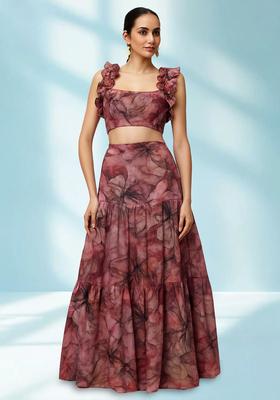 Pink Printed Georgette Crop Top Skirt Set