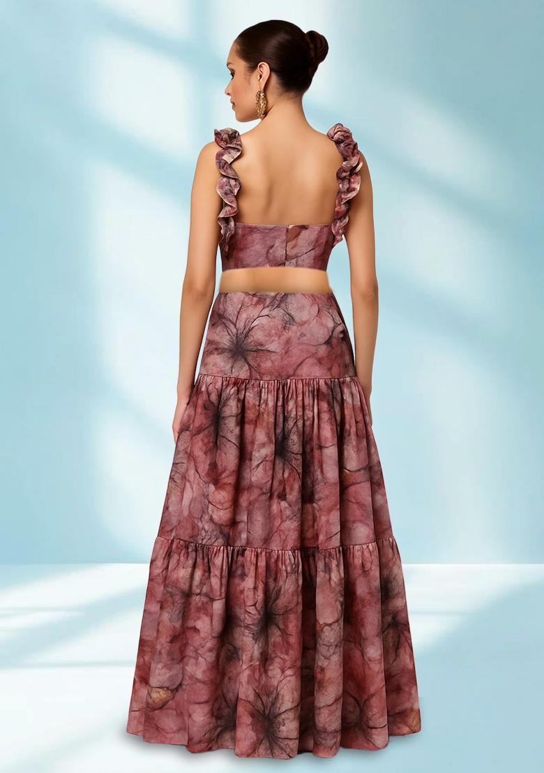 Pink Printed Georgette Crop Top Skirt Set - Indya