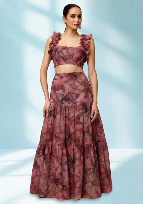 Pink Printed Georgette Crop Top Skirt Set
