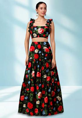 Black Printed Silk Blend Crop Top Skirt Set