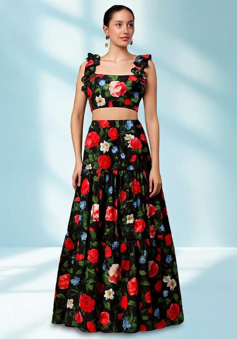 Black Printed Silk Blend Crop Top Skirt Set