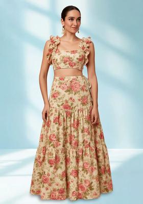 White Printed Silk Blend Crop Top Skirt Set