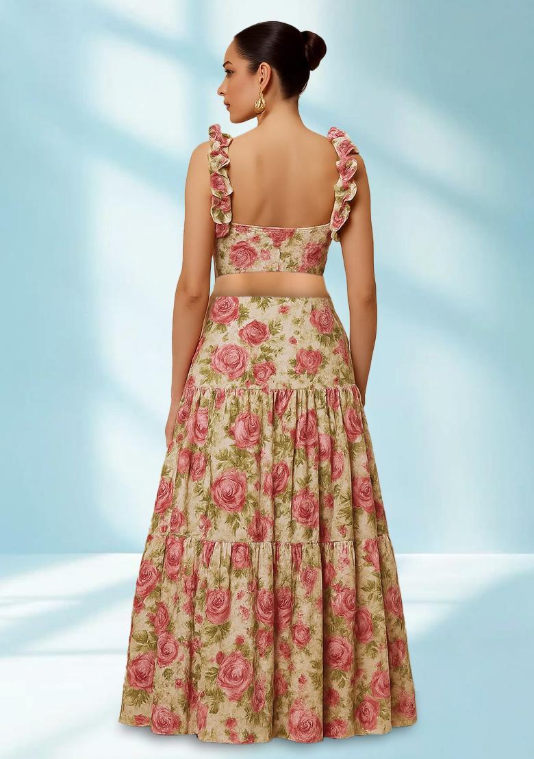 White Printed Silk Blend Crop Top Skirt Set - Indya