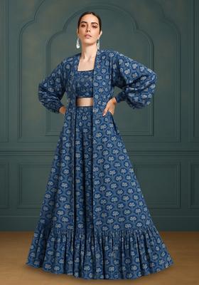 Blue Printed Silk Blend Lehenga Set