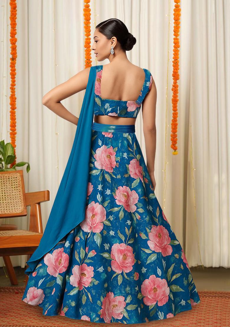 Blue Printed Satin Lehenga Set - Indya