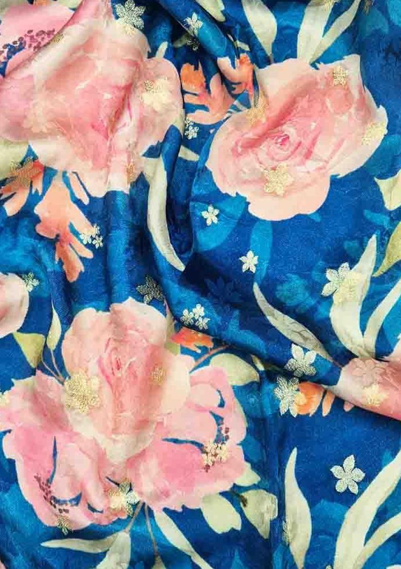 Blue Printed Satin Lehenga Set - Indya
