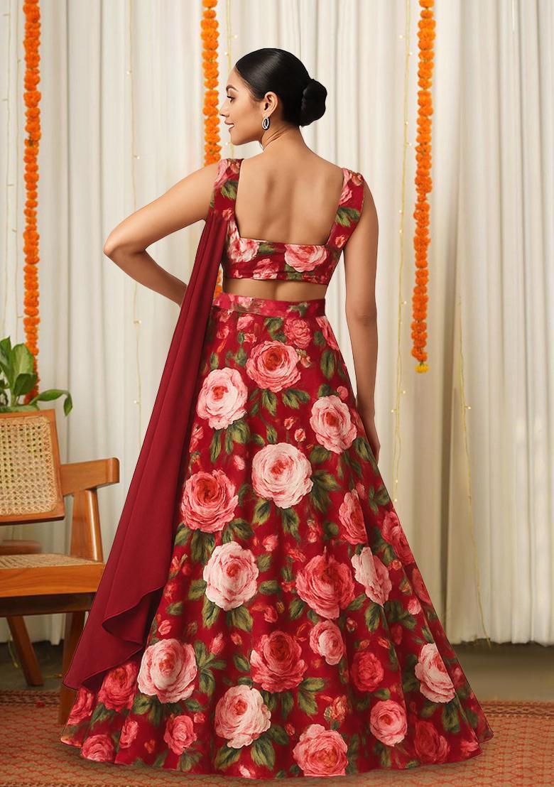 Red Printed Satin Lehenga Set - Indya
