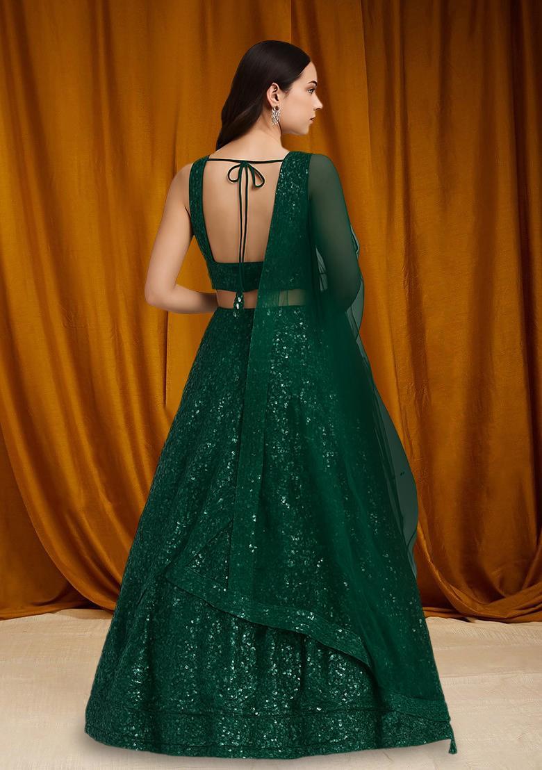 Green Sequin Net Lehenga Set - Indya