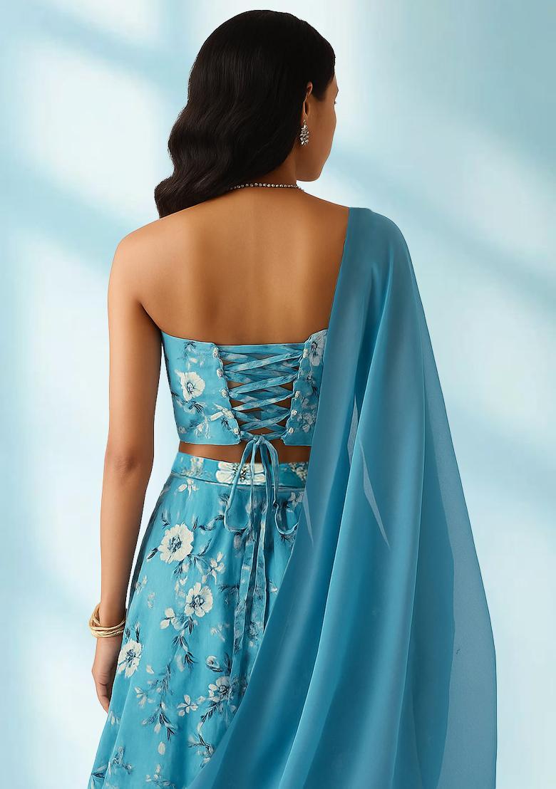 Sky Blue Printed Crepe Lehenga Set - Indya