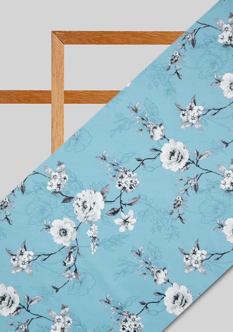 Sky Blue Printed Crepe Lehenga Set - Indya