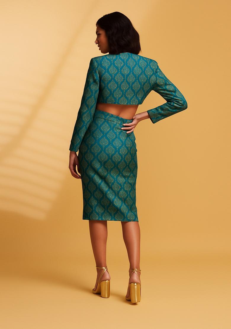 Turquoise Blue Brocade Co-Ord Set - Indya
