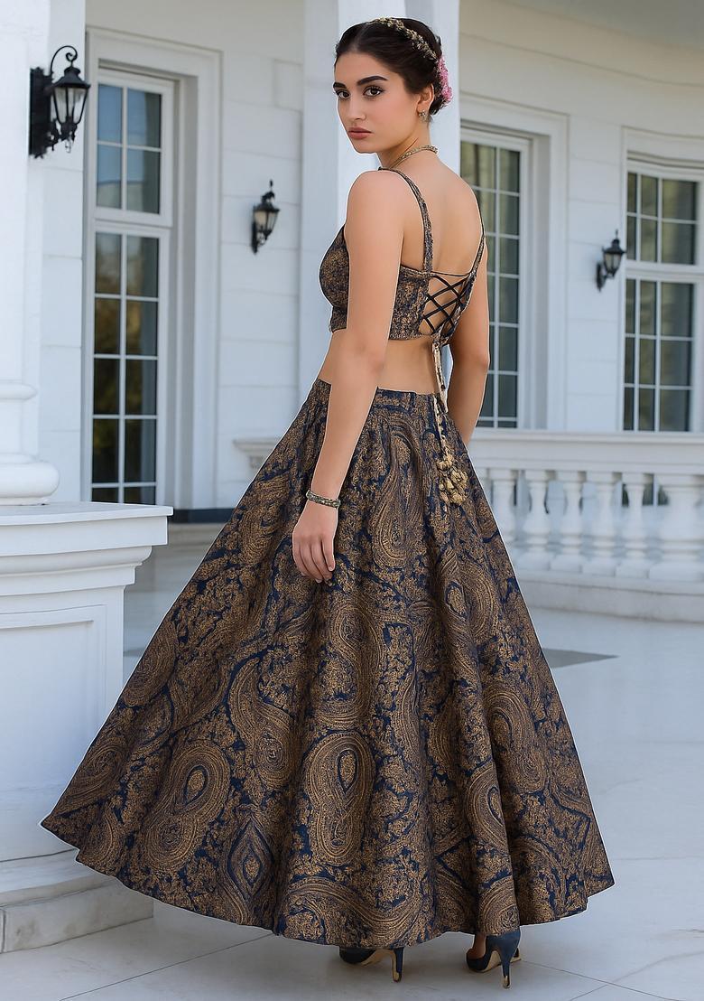 Dark Blue Brocade Skirt Set - Indya