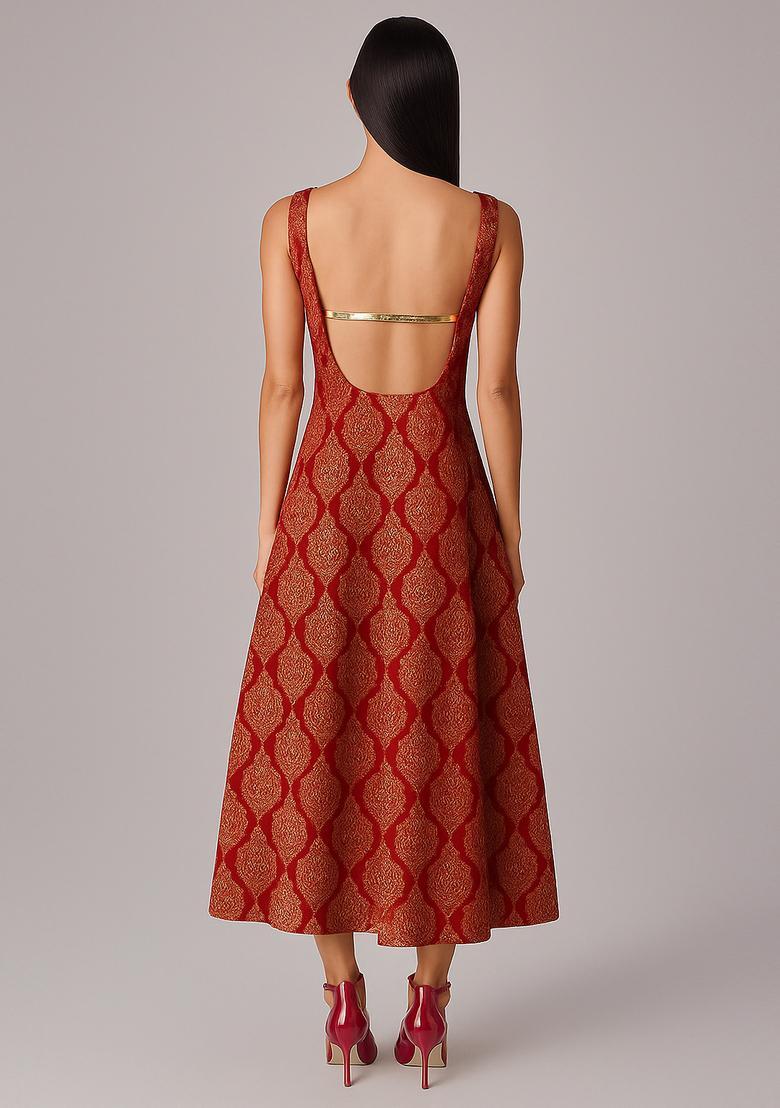 Red Brocade Dress - Indya