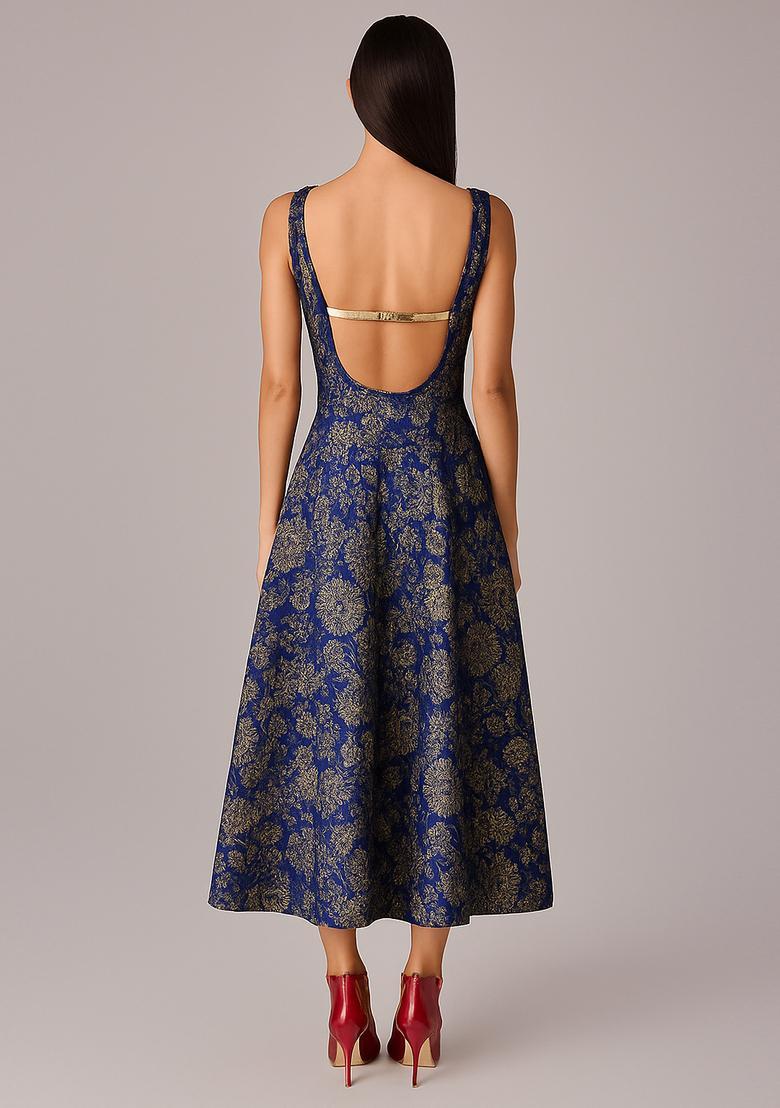 Blue Brocade Dress - Indya
