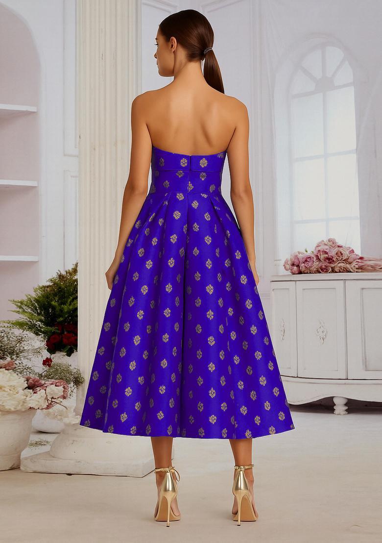 Blue Brocade Dress - Indya