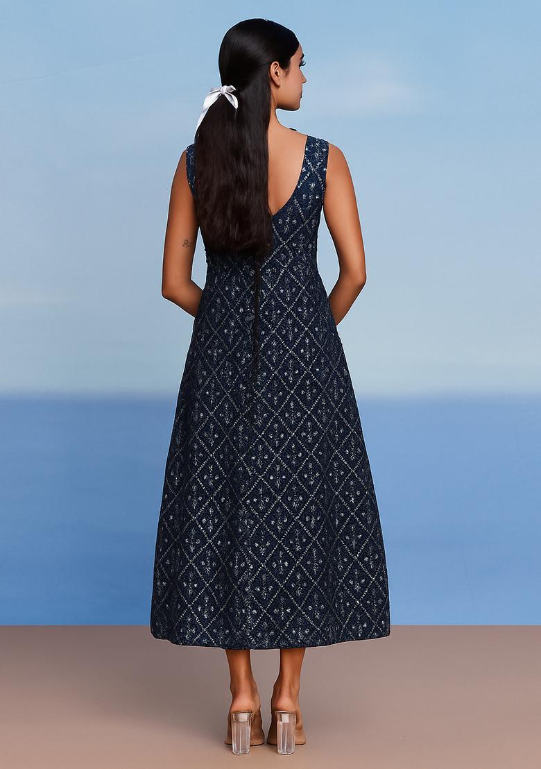 Dark Blue Sequin Denim Dress - Indya