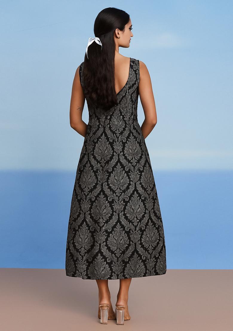 Black And Grey Jacquard Denim Dress - Indya