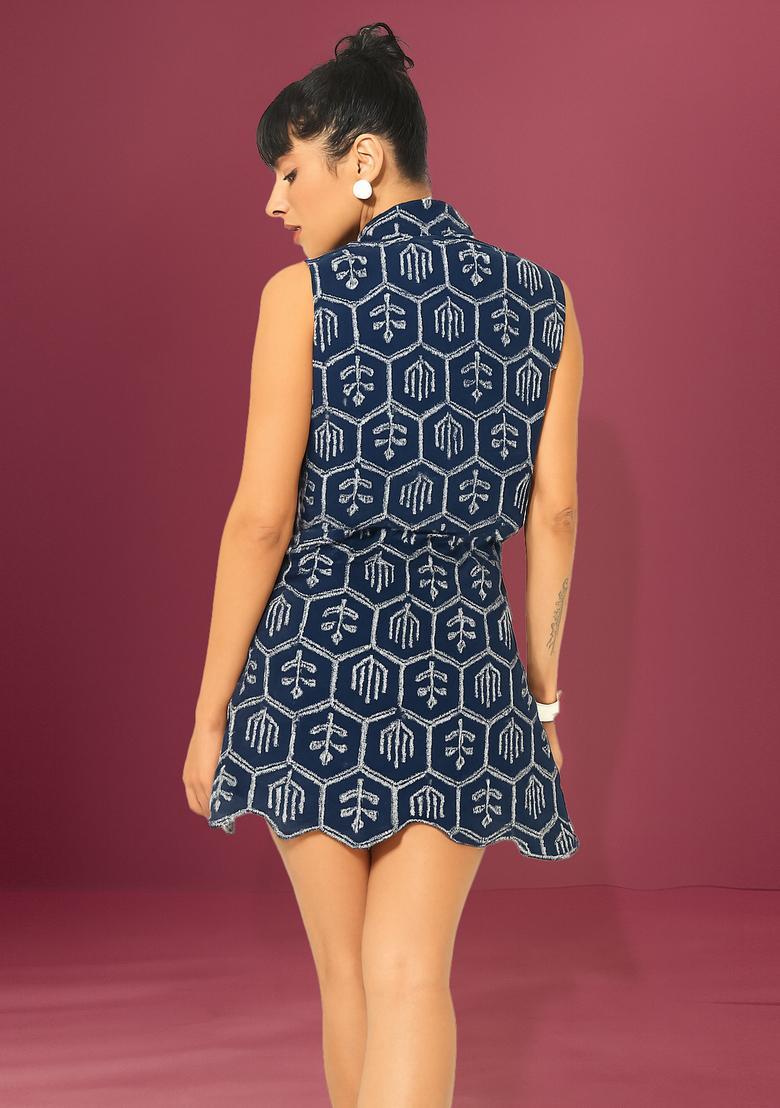 Blue Embroidered Denim Dress - Indya
