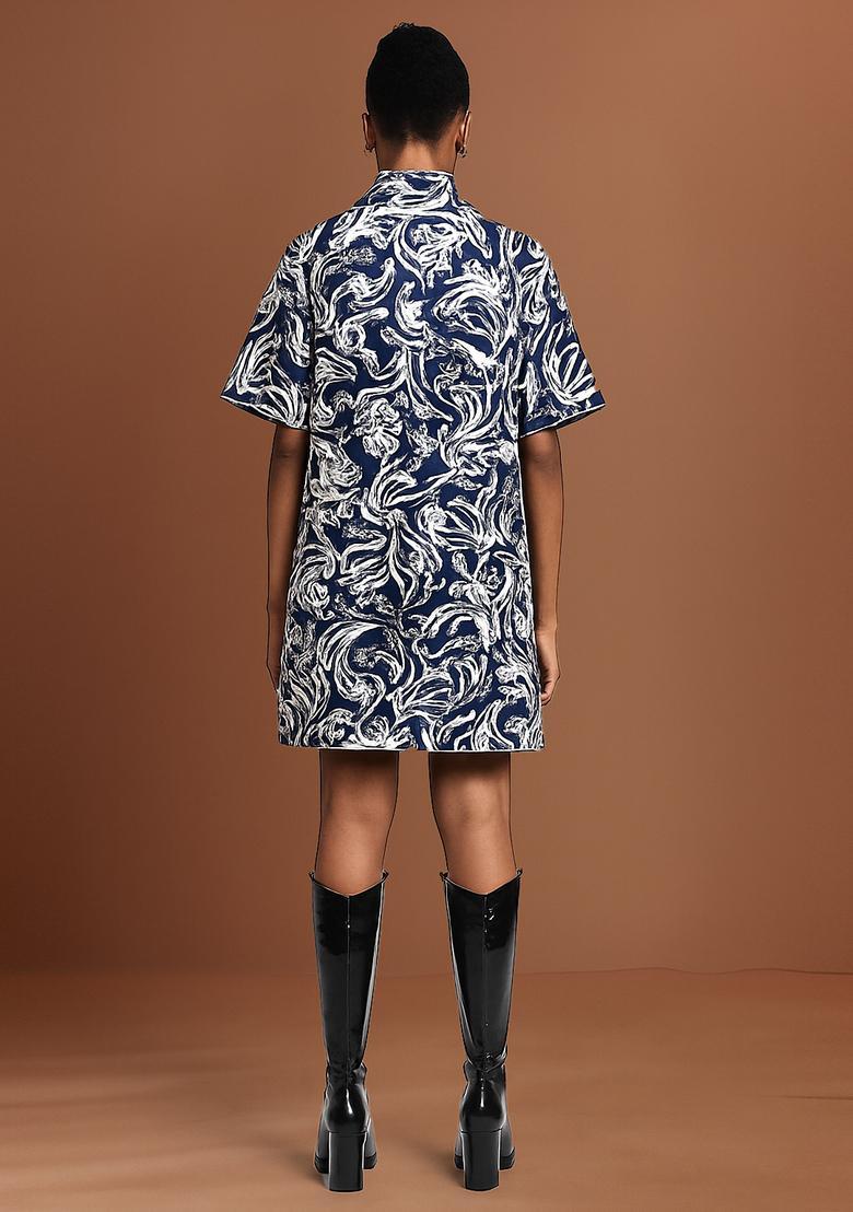 Blue Printed Cotton Denim Dress - Indya