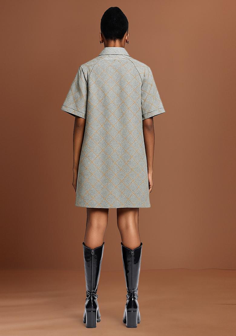 Grey Foil Print Cotton Denim Dress - Indya