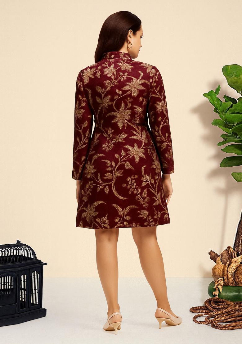 Dark Maroon Brocade Dress - Indya
