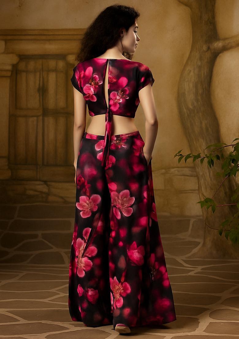 Black And Pink Printed Georgette Co-Ord Set - Indya