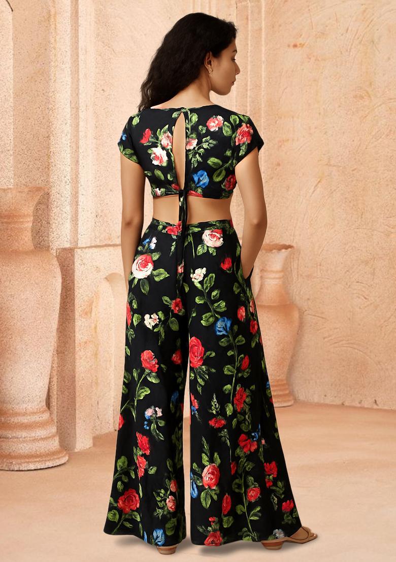 Black Printed Silk Blend Co-Ord Set - Indya