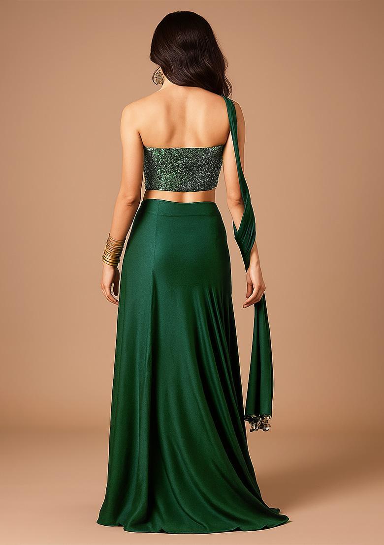 Green Sequin Blouse Georgette Lehenga Set - Indya