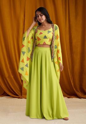 Lemon Yellow Printed Georgette Lehenga Set