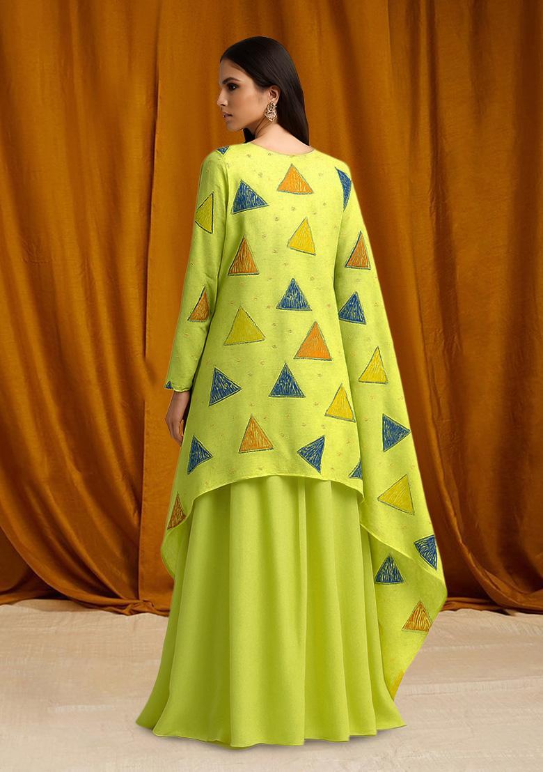 Lemon Yellow Printed Georgette Lehenga Set - Indya