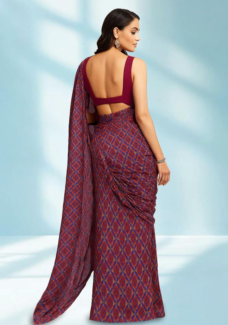 Maroon Printed Silk Blend Pre Draped Saree Set - Indya
