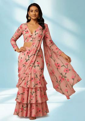 Peach Printed Silk Blend Pre Draped Saree Set