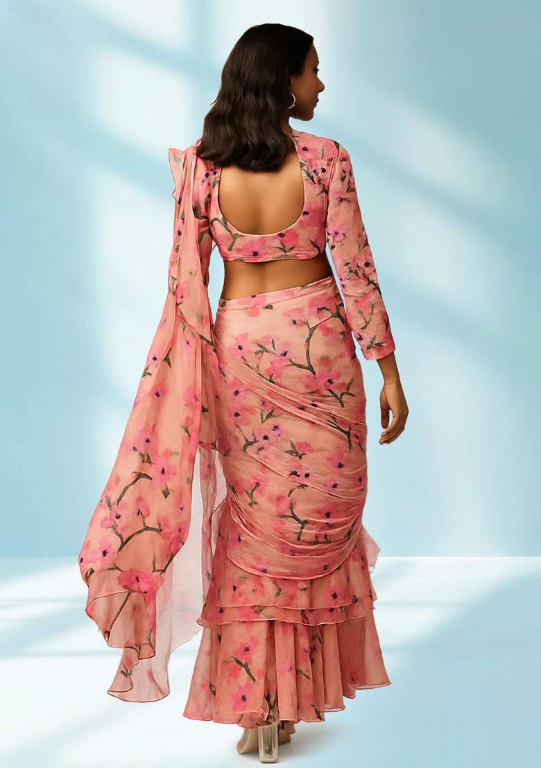 Peach Printed Silk Blend Pre Draped Saree Set - Indya