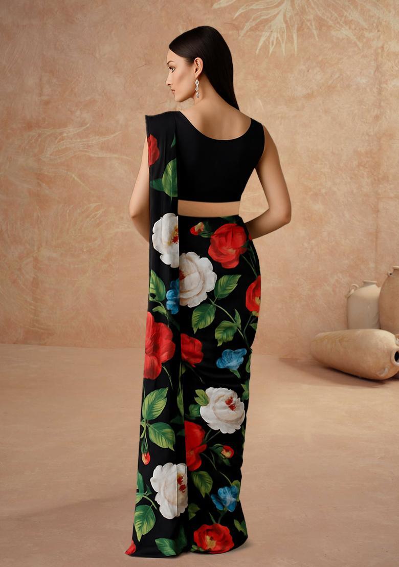 Black Printed Silk Blend Pre Draped Saree Set - Indya
